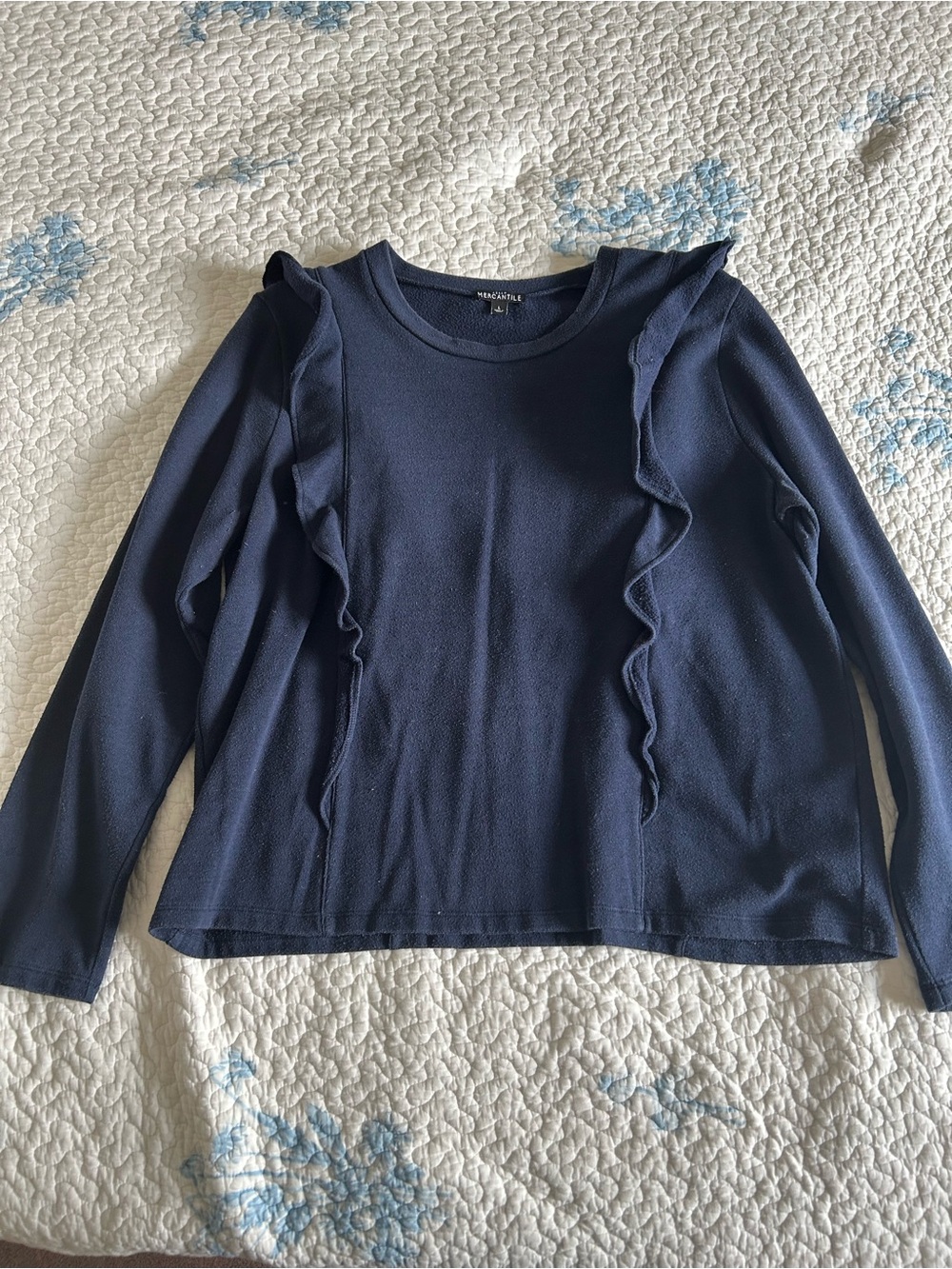 J. Crew Mercantile Navy Ruffle-Trim Long Sleeve Knit Top
